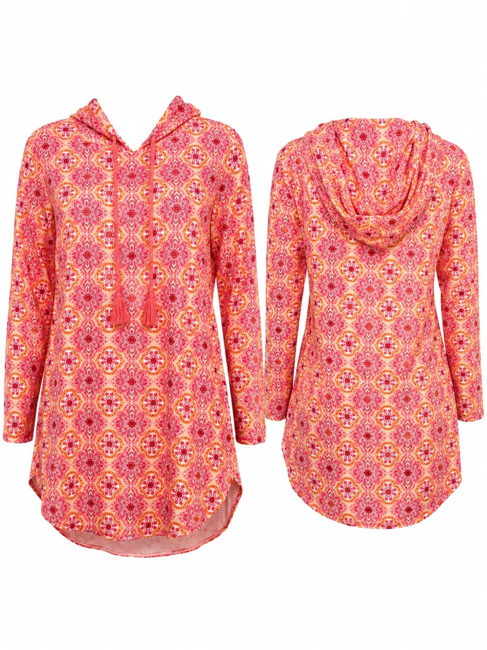 Aqua et Sol Pink Orange Medallion Print Hooded Swim Cover Up Tunic Size L